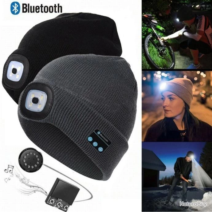 Bonnet Noir Sans Fil Bluetooth Avec Ecouteur Et Eclairage 4 Led Rechargeable USB + Câble Pratique 1 Bonnet Noir Sans Fil Bluetooth Avec Ecouteur Et Eclairage 4 Led Rechargeable USB + Câble Pratique