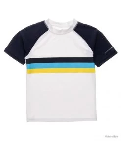T-Shirt Anti-UV Pour Garçon Sunset à Rayures - Manches Courtes - Blanc / Bleu Foncé Blanc 170/176 Cm