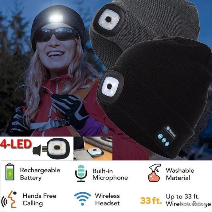 Bonnet Noir Sans Fil Bluetooth Avec Ecouteur Et Eclairage 4 Led Rechargeable USB + Câble Pratique 2 Bonnet Noir Sans Fil Bluetooth Avec Ecouteur Et Eclairage 4 Led Rechargeable USB + Câble Pratique – Image 2